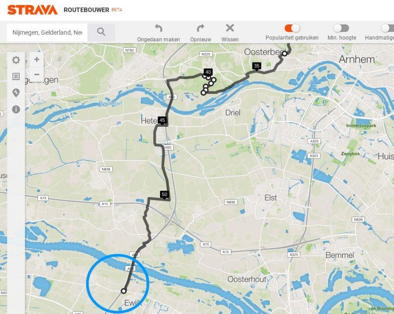 Lange halen, snel thuis. We steken de saaie polder tussen Arnhem en Nijmegen over met een muisklik. Helaas betekenen dat wel wat saaie fietskilomters.
