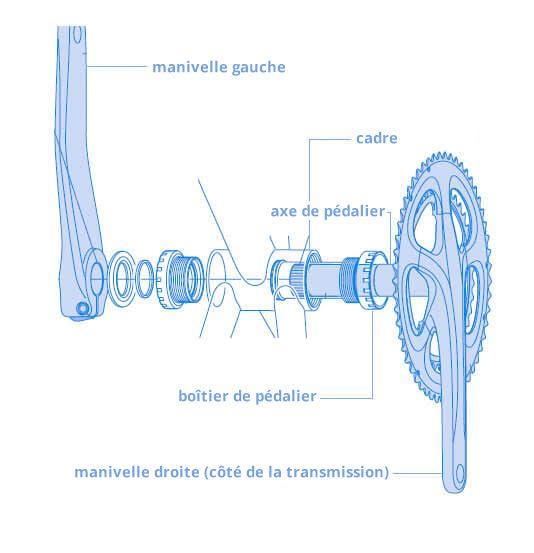 Aperçu des manivelles, bottom bracket et boîtier de pédalier.